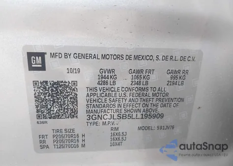 2020 Chevrolet Trax Fwd Lt из США, поврежденный, VIN 3GNCJLSB5LL195909